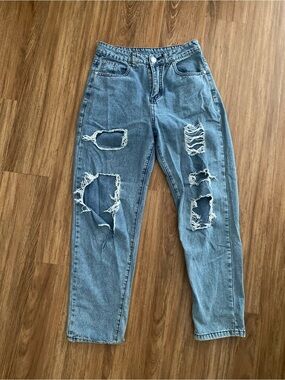 Relaxed Fit Distressed Blue Boyfriend Jeans